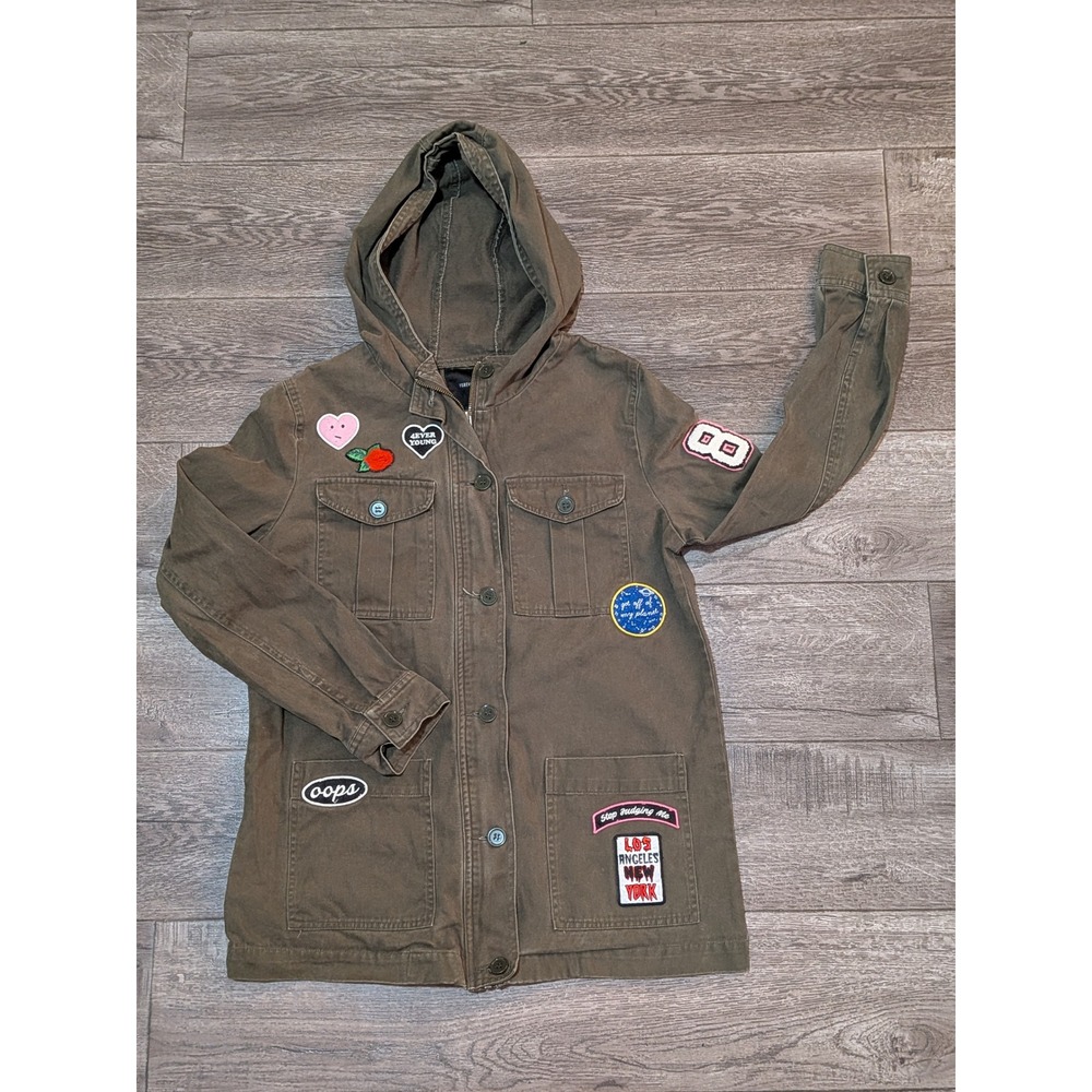 Forever 21 Womens Military Utility Jacket Olive Green Patch Hooded Size M